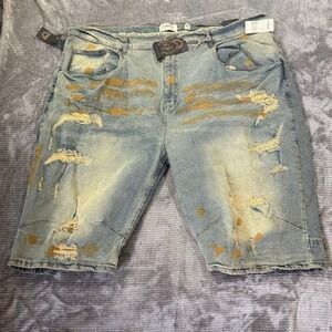 FWRD Denim Mens Distressed Jean Shorts Light Wash Gold Paint Splatter 52X14